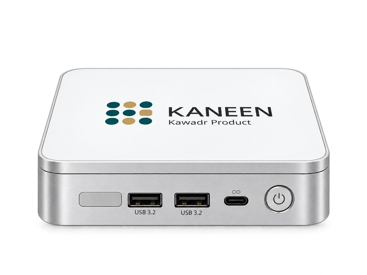 Centered Kaneen device, with a white lid, satin silver enclosure and teal-and-gold branding